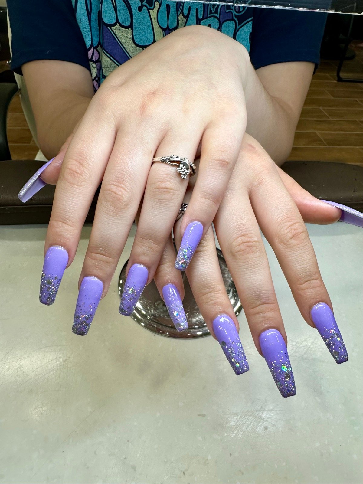 Long lavender purple coffin acrylic nails with silver glitter ombre tips